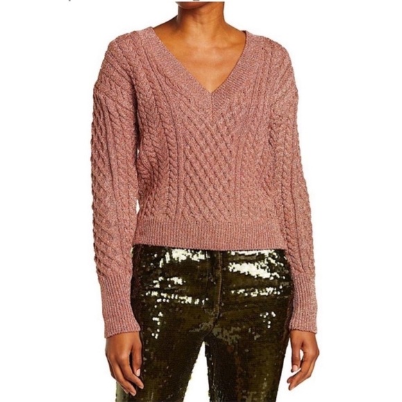 Veronica Beard Rose Gold “Amalia” V Neck Cable Knit Pullover Sweater - Picture 1 of 12